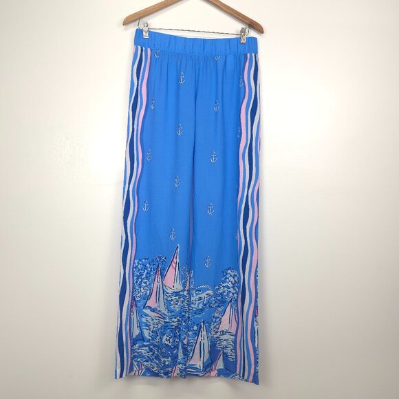 NWOT Lilly Pulitzer Bal Harbour Palazzo Blue A Lil Nauti Engineered Pants  Small - Picture 2 of 13